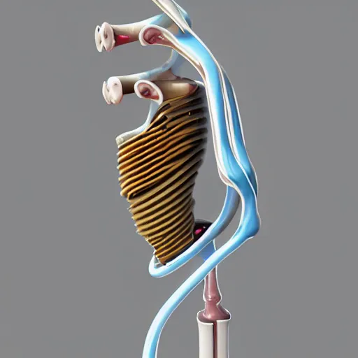 Image similar to an organ with ceramic pipes shaped like a human larynx, in the style of an engineering diagram, 3D render, 8k,