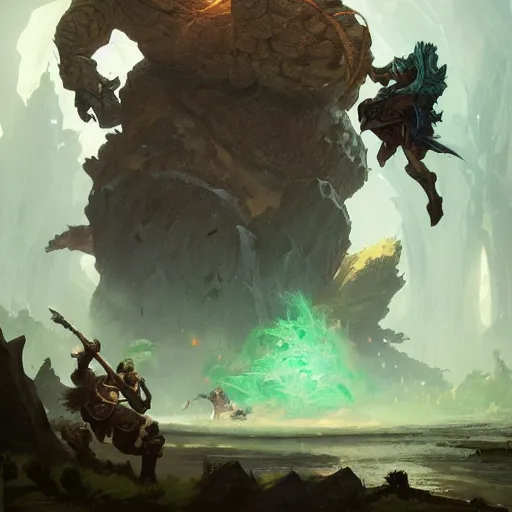 Image similar to a paladin, a rogue and a druid fighting against a giant toad inside a cave, d & d, fantasy, highly detailed, digital painting, artstation, concept art, character art, art by greg rutkowski and tyler jacobson and alphonse mucha