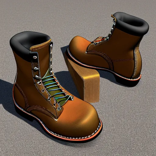 Prompt: hyper realistic complex 3 d vintage redwing 8 8 8 4 boots, camo, blender, lightning wide shot