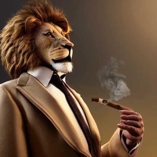 Prompt: a lion smoking a cigar wearing a suit, subject= lion, subject detail: wearing a suit, subject action: smoking a cigar, dramatic lighting, cinematic lighting, establishing shot, photorealistic, high details, cinematic, 8k resolution, extremly detailed, photorealistic, artstation, unreal engine