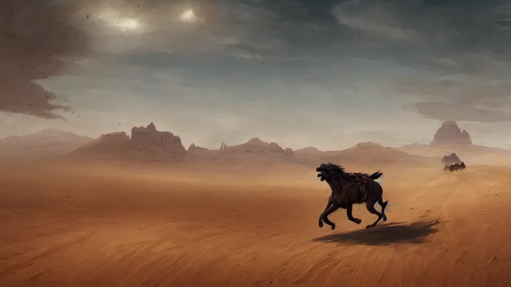 Prompt: beast galloping across the open desert, empty desert, sand, karst landscape, wide shot, concept art by greg rutkowski