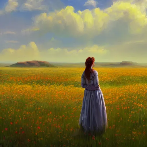 Prompt: a matte painting of the wild west, woman standing in flower field, oil painting, pale colors, high detail, 8 k, wide angle, trending on artstation,