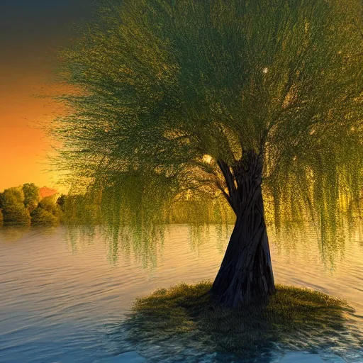 Image similar to featured on artstation majestic willow tree overlooking swirling river at sunset, beautiful image stylized digital art