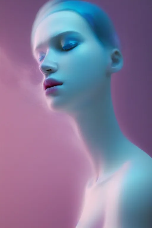 Prompt: 3 d, close - up, liquid white oil, sleepy fashion model, light blue fog, smoke, poster art, high detail, intricate oil painting, multiple exposure, deep pink color palette, hyperrealism, 3 d, by tooth wu and wlop and beeple and greg rutkowski