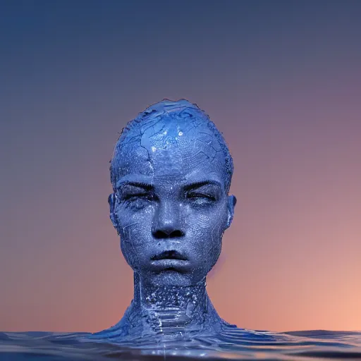 Image similar to a sculpture made of water in the shape of a human head, on the ocean water, water manipulation photoshop, behance, cinematic, in the style of johnson tsang, long shot, hyper detailed, hyper realistic, ray tracing, 8 k resolution, sharp focus, realistic water, award winning