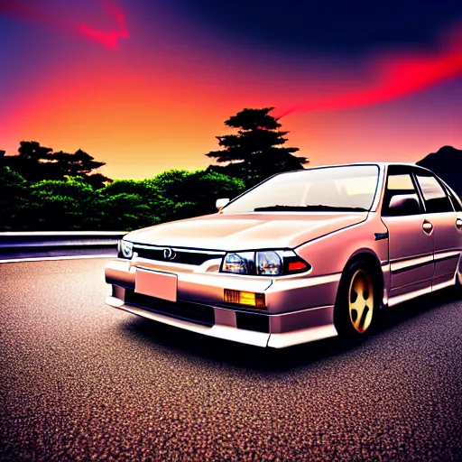 Image similar to a car Toyota JZX100 in middle of road, saitama prefecture, city sunset, cinematic color, photorealistic, highly detailed, bokeh