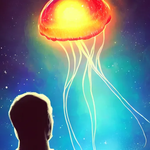 Image similar to over the shoulder photo of a man watching magic glowing jellyfish in glowing cosmic stardust, colorful stars, galaxies, space, award winning photo, intricate, high detail, atmospheric, desolate, artstation