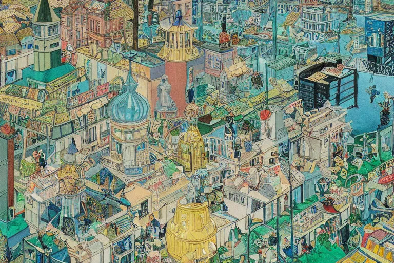 Image similar to an elaborate and dense painting of a peaceful neighborhood in tron, detailed, made of alcohol ink on parchment and penned illustrations, by wes anderson and geoff darrow