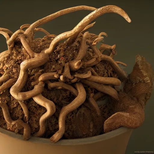 Prompt: mandrake root in a pot, intricate hyper detailed ultra sharp sharp focus, global illumination, radiant light, alexandre ferra, irakli nadar, octane render, unreal engine, 4 k, ultra hd,