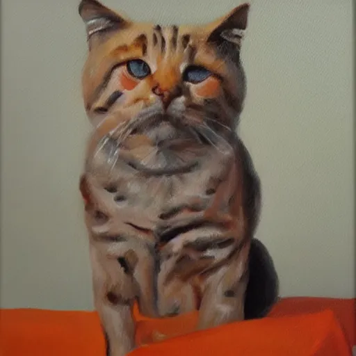 Prompt: To katter spiller bordtennis foran en orange baggrund, oil painting