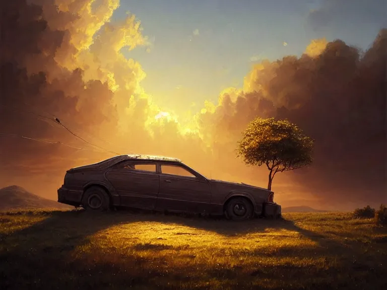 Image similar to a tree growing on a scrap car, soft golden sunset, clouds, mountains in the background, hyperrealistic, highly detailed, cinematic, ray of golden sunlight, beautiful, cgsociety, artstation, 8 k, oil painting by greg rutkowski, by artgerm, by wlop