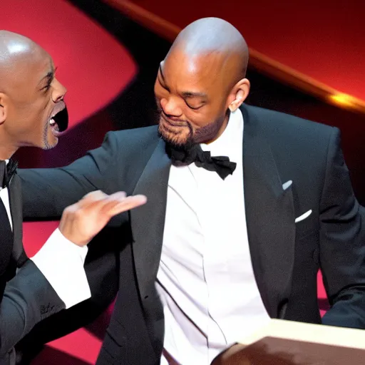 Image similar to wide-angle photo of Dave Chappelle slapping Will Smith at the Oscars, highly detailed, 8k, sharp focus, TMZ award winning photo