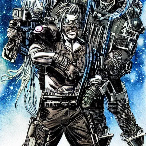 Image similar to sci - fi, dystopian bounty hunter, art by jim lee