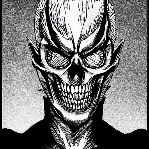 Image similar to Nikolas Cage as a Ghost Rider by Kentaro Miura, highly detailed, black and white