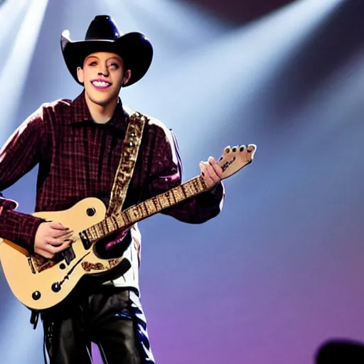 Image similar to pete davidson has a really nice electric guitar and plays it while wearing a cowboy hat and cowboy outfit