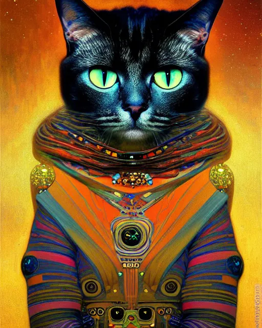 Prompt: futuristic cat portrait an oil painting splashes with many colors and shapes by gustav klimt greg rutkowski and alphonse mucha, polycount, generative art, psychedelic, fractalism, glitch art