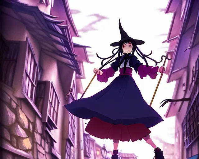 Image similar to ( ( majo no tabitabi ) ), key anime visual portrait of a young female witch walking through a busy medieval village, dynamic pose, dynamic perspective, cinematic, dramatic lighting, detailed silhouette, anime proportions, perfect anime, yoh yoshinari, ( murata range )