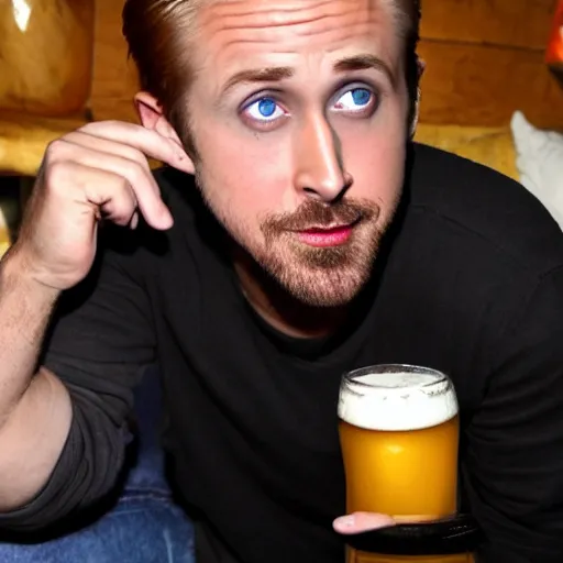 Prompt: ryan gosling drinking beer, high quality photo