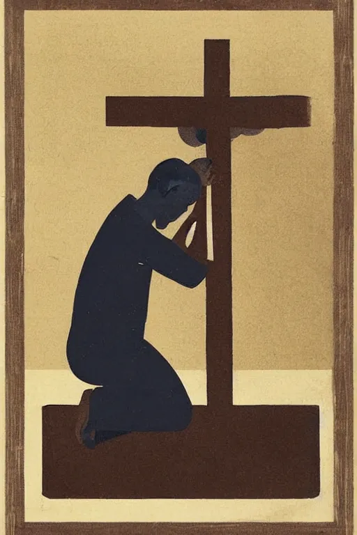 Image similar to man kneeling at the base of a wooden cross, 1960’s advertising art illustration