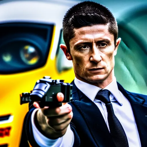 Image similar to a shot of robert lewandowski as james bond in a james bond movie, movie shot, 4 k, very detailed