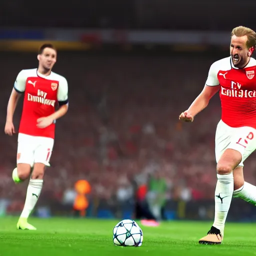 Prompt: harry kane winning the uefa champions league as an arsenal player, photorealistic, sports photo, dramatic, sharp focus, extreme detail, night
