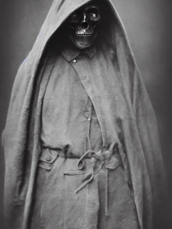 Image similar to portrait of faceless grim reaper, ww1 photo, grainy, high detail, high resolution,