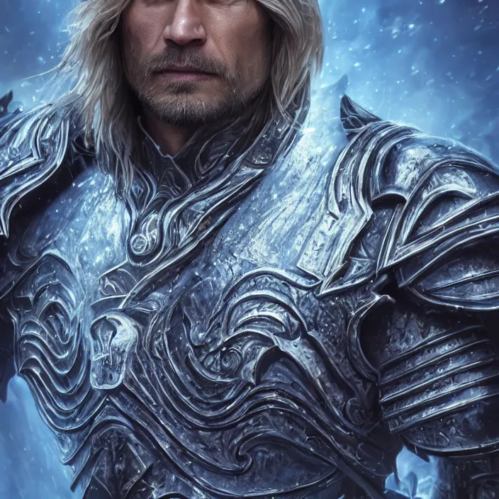 Image similar to portrait of Nikolaj Coster-Waldau as Arthas The Lich Kingdom. intricate abstract. intricate artwork. nightmare fuel. octane render, trending on artstation, very coherent symmetrical artwork. cinematic, hyper realism, high detail, octane render, 8k, iridescent accents