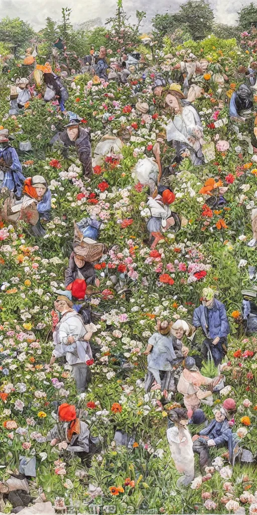 Image similar to oil painting scene from gardeners crowd in the flower garden by kim jung gi