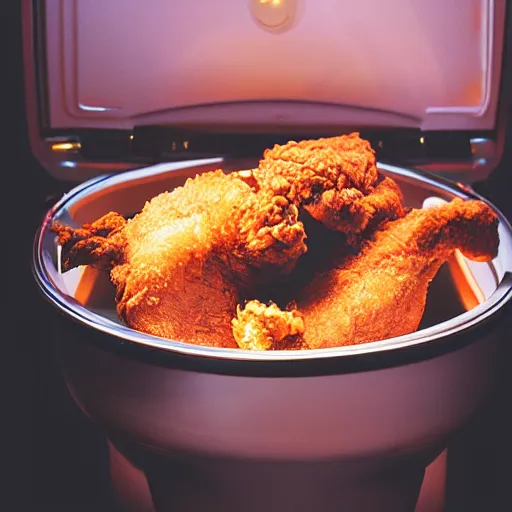 Prompt: open toilet with fried chicken inside of it, christmas lights attached