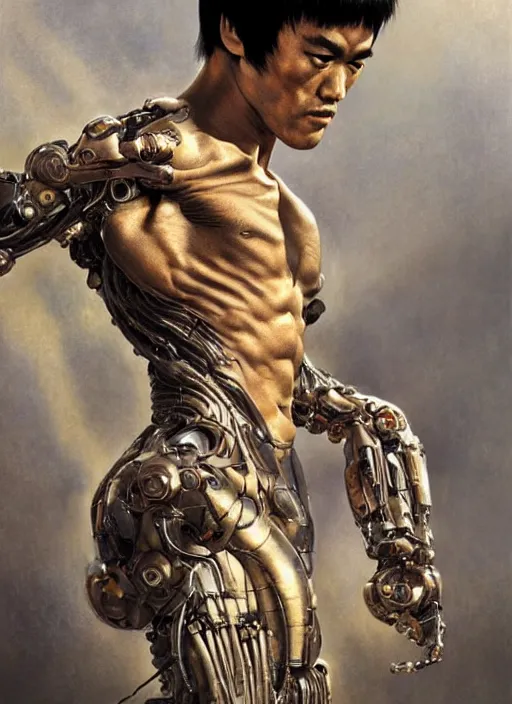 Image similar to bruce lee as a organic cyborg, diffuse lighting, fantasy, intricate, elegant, highly detailed, lifelike, photorealistic, digital painting, artstation, illustration, concept art, smooth, sharp focus, art by john collier and albert aublet and krenz cushart and artem demura and alphonse mucha