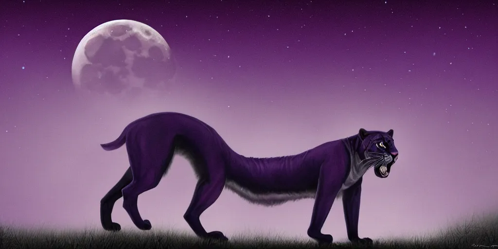 Image similar to digital painting of a large purple colored panther roaring at night. large moon in the center of the background. digital drawing, illustration, 4 k, render, matte, highly detailed, artstation, realistic, dramatic, darkness, moon.