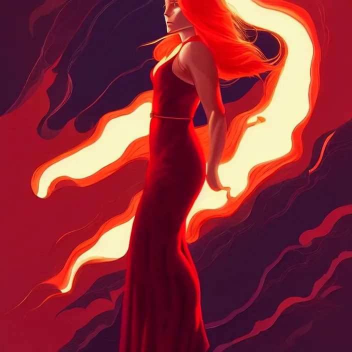 Image similar to style artgerm, joshua middleton : : beautiful kristen bell with dark red dress, very long orange hair, symmetrical face, symmetrical eyes : : fire powers fire swirling : : [ detailed, volcano setting ] : : cinematic lighting