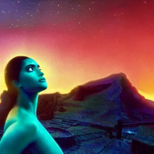 Image similar to beautiful Fine art photo of a young enraptured Salma Hayek as a solarpunk mayan robotic godess, photorealistic, centered, highly detailed, sunset lighting, in the movie 2001 A Space Odyssey, 8k