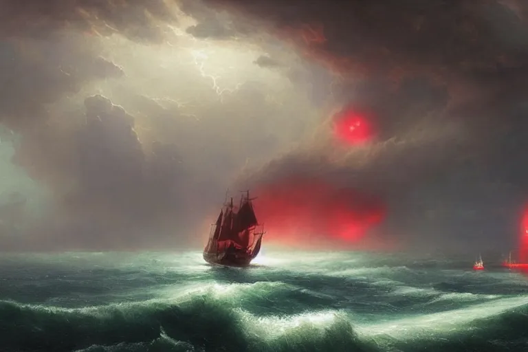 Image similar to A beautiful matte painting of huge spherical alien spaceship attacking with powerful red lasers a Sailship in ocean in thunderstorm by Greg Rutkowski and Ivan aivazovsky