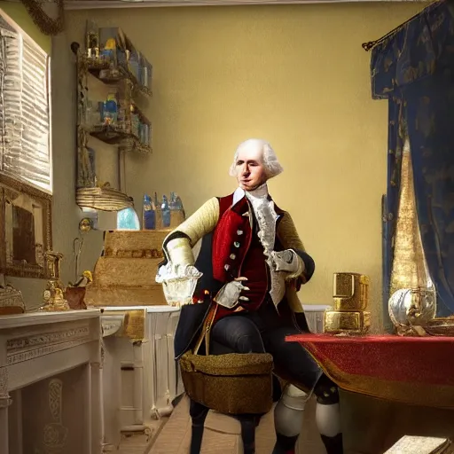 Image similar to a closeup photorealistic photograph of a happy George Washington inspecting small gold Doubloon coins at his home on Cherry Street. This 4K HD image is Trending on Artstation, featured on Behance, well-rendered, extra crisp, features intricate detail and the style of Unreal Engine.