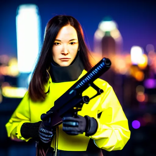Prompt: photographic portrait of a techwear woman holding a shotgun, holding shotgun down, closeup, on the rooftop of a futuristic city at night, sigma 85mm f/1.4, 4k, depth of field, high resolution, full color, award winning photography, Kill Bill, John Wick, Die Hard, movies with guns, movie firearms