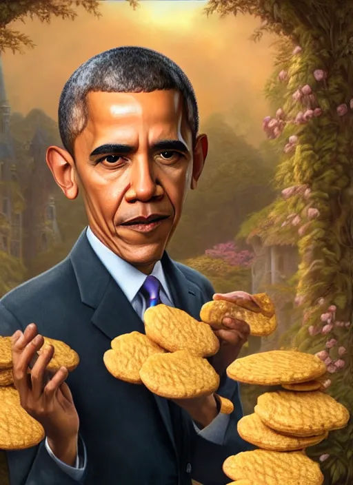 Image similar to highly detailed closeup portrait of obama as a fairytale medieval prince eating cookies, unreal engine, nicoletta ceccoli, mark ryden, lostfish, earl norem, global illumination, god rays, detailed and intricate environment