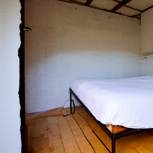 Prompt: bed inside a room, bee hive walls