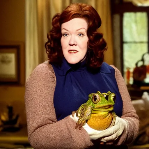 Prompt: Catherine O’Hara as Moira Rose, holding a toad