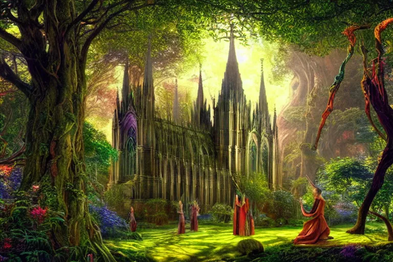 Prompt: a beautiful and highly detailed digital painting of an elven cathedral in a beautiful garden in a mystical forest, psychedelic colors, intricate details, epic scale, insanely complex, hyperdetailed, artstation, cgsociety, 8 k, sharp focus, hyperrealism, by caspar friedrich, albert bierstadt, james gurney, brian froud,