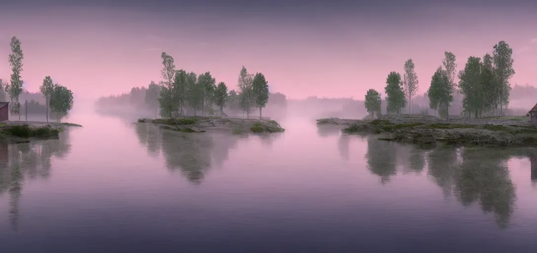 Prompt: concept art of a peaceful fishing village on a river in finland, dawn, atmospheric, hazy