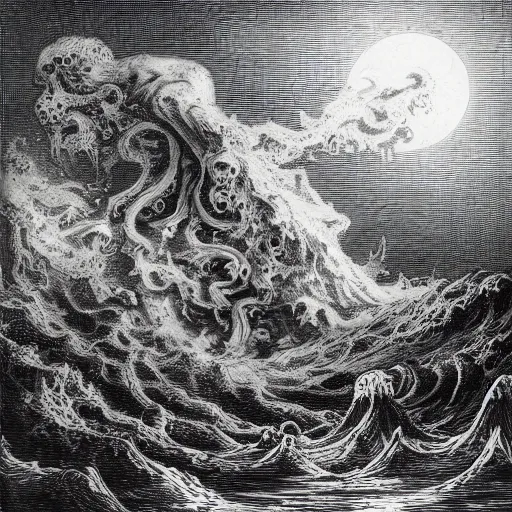 Image similar to cthulhu rising out of the water in front of a small town, night, soaring waves, clouds, illustration by Gustave Doré