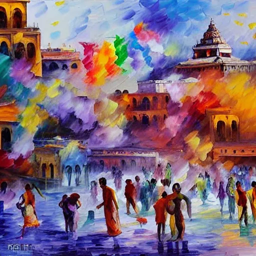 Image similar to People playing holi in Varanasi, with temples in the background, color in the air, Kai Fine Art by Leonid Afremov, by Guy Billoutread