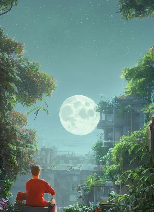 Image similar to lunarpunk portrait of a man looking out from his bedroom window to forest, city pop, au naturel, hyper detailed, digital art, trending in artstation, behance, deviantart, cinematic lighting, studio quality, smooth render, unreal engine 5 rendered, octane rendered, art style by pixar dreamworks warner bros disney riot games and ghibli studios