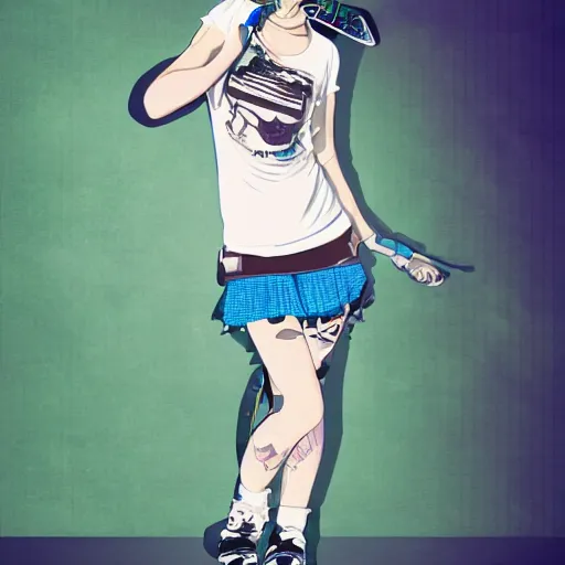 Prompt: punk girl with blue hair, wearing headphones and sunglasses, short skirt and white tank top, fishnet stockings, rollerblades, 3D art, cel shading