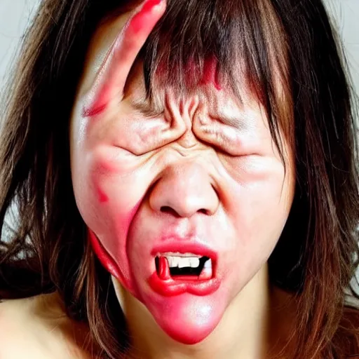 Image similar to ouch! painful expression from aching period cramps. owwwwww. i am in so much pain rn.