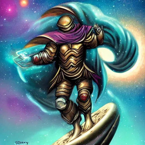 Image similar to armored sorcerer surfing on a nebula, rich epic dynamic artwork