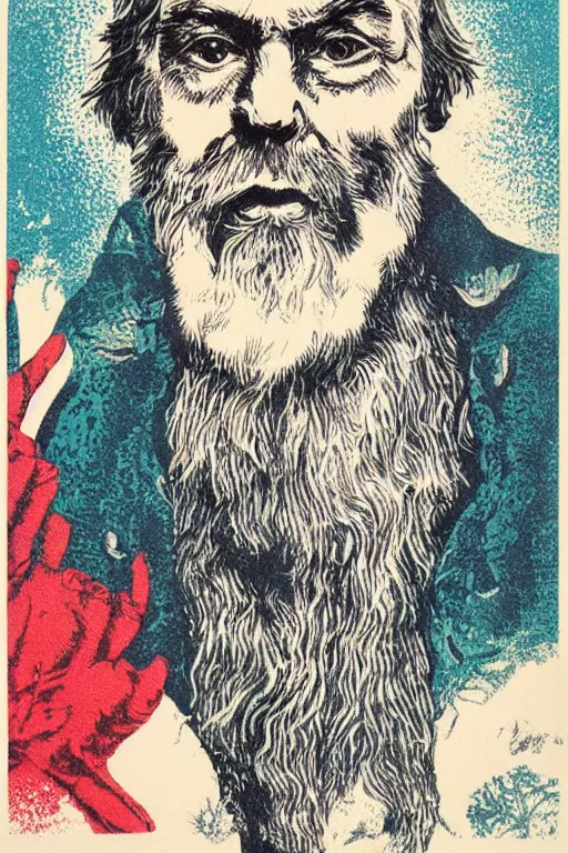 Prompt: a CMYK Risograph print of a grizzled old sea captain