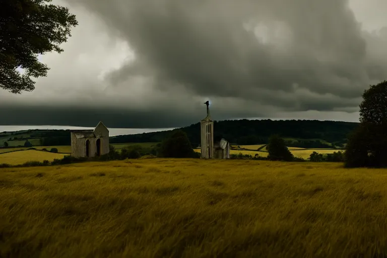 Prompt: Sprawling landscape with church ruins in the hilly countryside, bocages, sparse trees, stormy skies, ARRI ALEXA Mini LF, ARRI Signature Prime 40 mm T 1.8 Lens, 4K film still by Sam Mendes, Roger Deakins,
