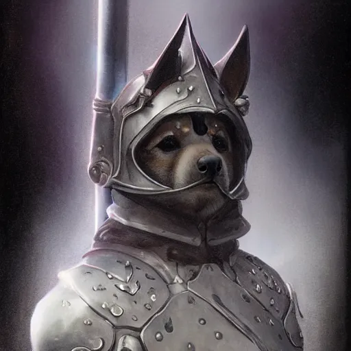 Image similar to wearing gothic 2 paladin armor, anthropomorphic shiba inu, shiba inu face, stuning 3 d render, masterpiece, glowing aura, by donato giancola and greg rutkowski and wayne barlow and zdzisław beksinski, realistic face